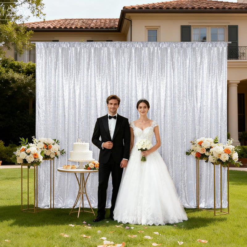 SquarePie Sequin Backdrop Curtain Background Opaque Non-Transparent Satin Sparkly for Wedding Party 10FT x 10FT Silver - Image 2